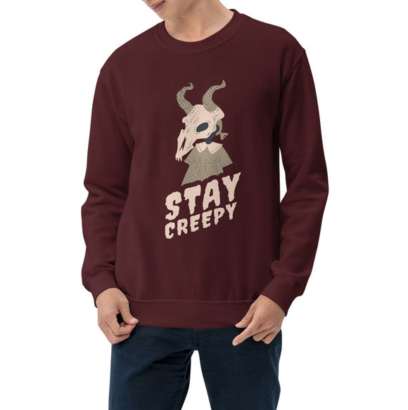 Stay Creepy Halloween skull unisex burgundy maroon sweatshirt long sleeve pullover sweater, cute birthday christmast gift