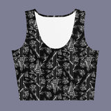 Swords and roses goth tank crop top black and white, creepy cute gothic woman outfit, perfect alternative style female gift casual vampire apparel aesthetic women clothing art tee for her magic shirt unique witchy streetwear fantasy best friend minimal witch birthday dark pagan cool halloween present christmas