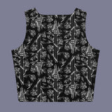 Swords and roses goth tank crop top black and white, creepy cute gothic woman outfit, perfect alternative style female gift casual vampire apparel aesthetic women clothing art tee for her magic shirt unique witchy streetwear fantasy best friend minimal witch birthday dark pagan cool halloween present christmas