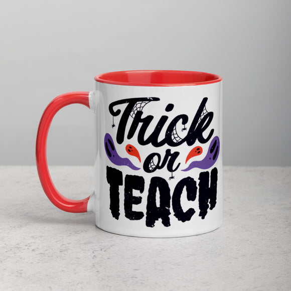 Trick or Teach Halloween Ceramic mug with red color inside, teacher end of the year gift idea