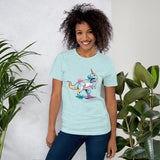 Watercolor dinosaur unicorn unisex white or light blue t-shirt for dino lovers, cute outfit gift for unicorn enthusiast, funny shirt 