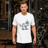 Watercolor dinosaur unicorn unisex white or light blue t-shirt for dino lovers, cute outfit gift for unicorn enthusiast, funny shirt 