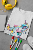 Watercolor dinosaur unicorn unisex white or light blue t-shirt for dino lovers, cute outfit gift for unicorn enthusiast, funny shirt 