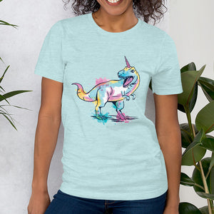 Watercolor dinosaur unicorn unisex white or light blue t-shirt for dino lovers, cute outfit gift for unicorn enthusiast, funny shirt 