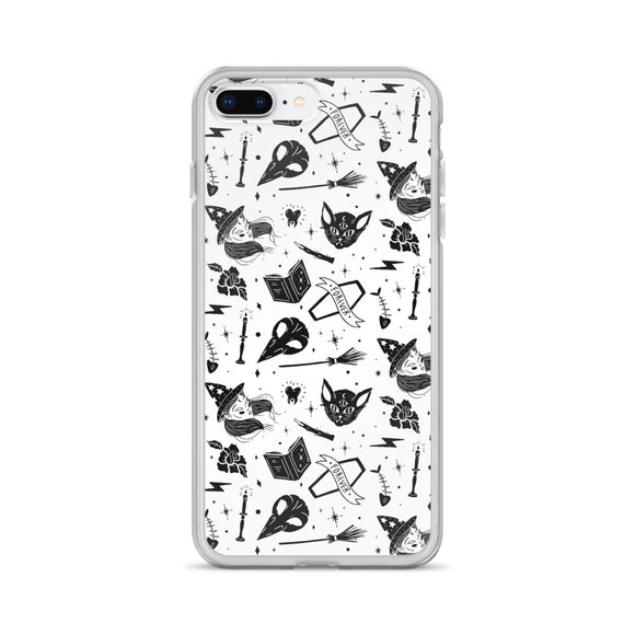 Witch Halloween Iphone Samsung phone cases black and white with cat, crow and witch pattern, spooky cute goth gift outfit