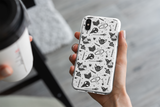 Witch Halloween Iphone Samsung phone cases black and white with cat, crow and witch pattern, spooky cute goth gift outfit