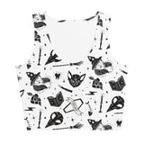 Witch Halloween tank crop top black and white with cat, coffin and crow, creepy cute goth girl woman outfit, the perfect gift