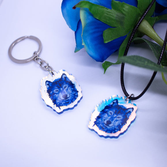 blue wolf watercolor necklace, best friend winter charm, rainbow animal lover jewelry, colorful husky owner pendant, unique holografic friendship jewel, bestfriend fantasy accessory, bff cool pagan choker, aesthetic unisex keyring, norse anniversary keychain, nordic enthusiast daughter, male double printed acrylic, girlfriend geekery gifts, boyfriend birthday present