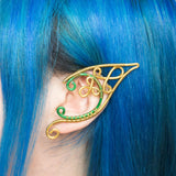 Ailin ear cuff elfic gold and green stainless steel earrings accessory costumes theme weddings lord of the rings vikings festival look cosplay enthusiast woodland elven style jewelry