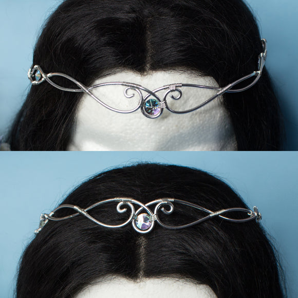 Ultan elfic tiara in silver stainless steel with clear, purple, pink or light blue gemstones wire for elf pixie weddings costume with stones