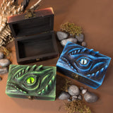 Meraxes blue, green and red dragon wood and resin D&D dice box with metal closure and monster eye