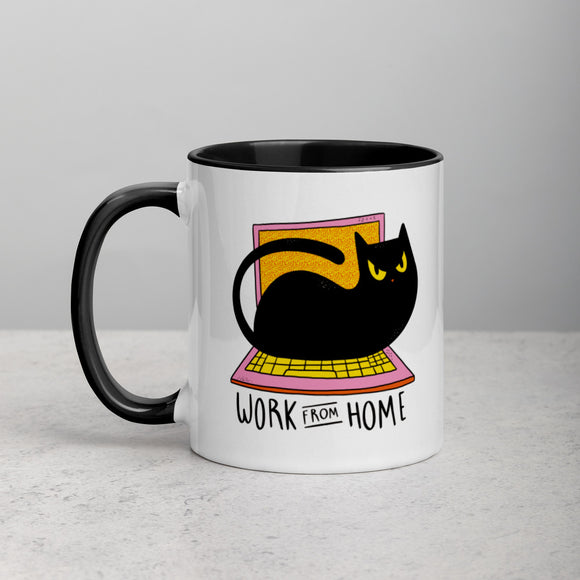 Work from home Ceramic mug with black color inside for cat lover, cute gift for computer home worker, funny quarantine