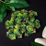 Nature's Balance Viking Elder Futhark runes set. Colorful viking runes birthday gifts, role play fair female present, druid green witch aesthetic art, white magic male magick blue resin stone set, unique lightweight elfic fantasy protection, tricolor celtic medieval pagan engraved nordic norse divination, elder futhark witchcraft, leaf earth element 