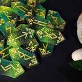 Nature's Balance Viking Elder Futhark runes set. Colorful viking runes birthday gifts, role play fair female present, druid green witch aesthetic art, white magic male magick blue resin stone set, unique lightweight elfic fantasy protection, tricolor celtic medieval pagan engraved nordic norse divination, elder futhark witchcraft, leaf earth element 