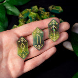 Nature's Balance Viking Elder Futhark runes set. Colorful viking runes birthday gifts, role play fair female present, druid green witch aesthetic art, white magic male magick blue resin stone set, unique lightweight elfic fantasy protection, tricolor celtic medieval pagan engraved nordic norse divination, elder futhark witchcraft, leaf earth element 