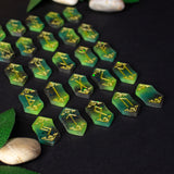 Nature's Balance Viking Elder Futhark runes set. Colorful viking runes birthday gifts, role play fair female present, druid green witch aesthetic art, white magic male magick blue resin stone set, unique lightweight elfic fantasy protection, tricolor celtic medieval pagan engraved nordic norse divination, elder futhark witchcraft, leaf earth element 