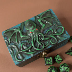 Cthulhu blue and green wood and resin dice box holder for D&D Dungeons and Dragons octopus roleplay game