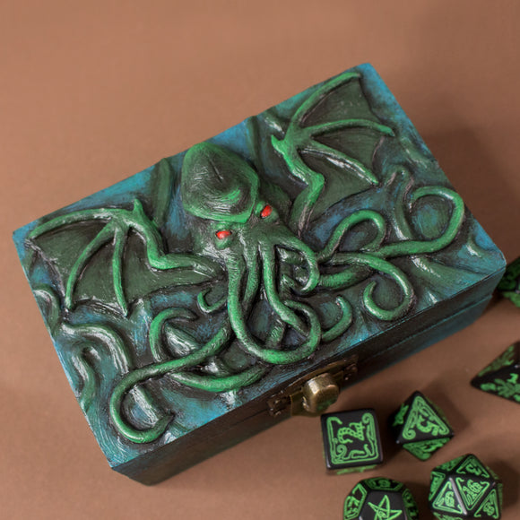 Cthulhu blue and green wood and resin dice box holder for D&D Dungeons and Dragons octopus roleplay game