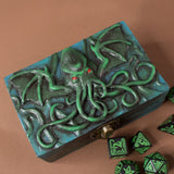 Cthulhu blue and green wood and resin dice box holder for D&D Dungeons and Dragons octopus roleplay game