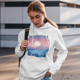 Pastel landscape pink or white unisex hoodie with long sleeve, birthday Christmas outfit gift, cute kawaii outfit sunset enthusiast mountain lover freedom resilience nature sun unique spring winter warm colorful oversized casual printed inspiring sweater sweatshirt apparel clothing outfit present female women for her aesthetic birthday anniversary christmas